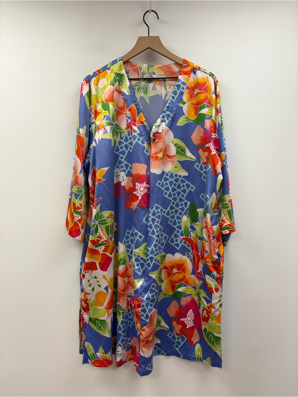 Natori Floral Satin V-Neck Relaxed Pajama Dress Boho Blue Multi XL